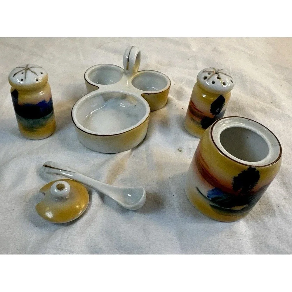 Vintage Japanese Lusterware Condiment Set: Salt Pepper Mustard Pot Spoon Tray